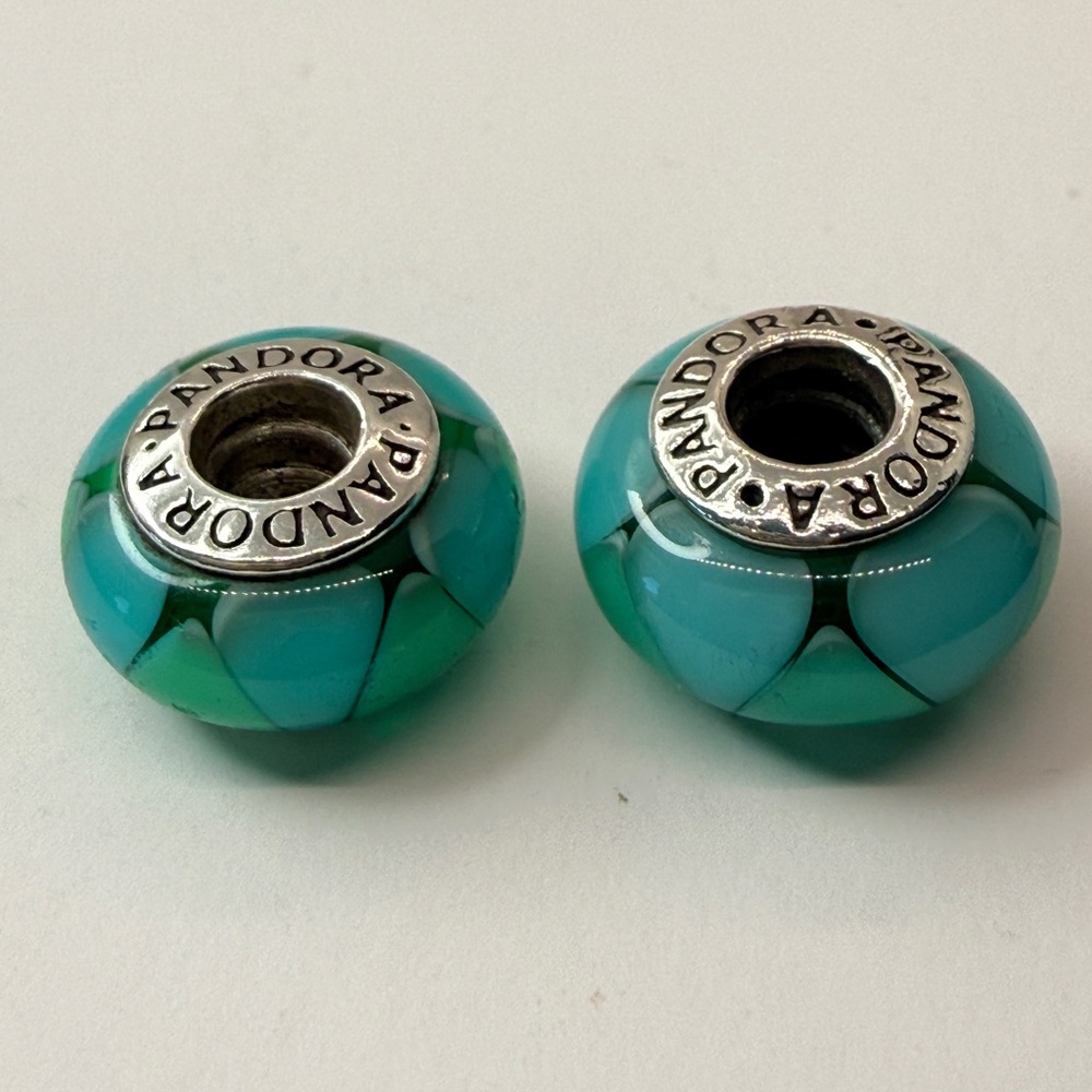 Pandora Turquoise Petal Murano Glass Charms Set 2 925 ALE Retired